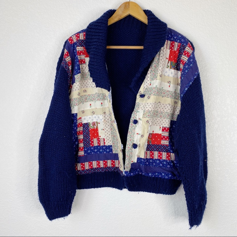 Vintage Patchwork Cardigan - Navy and Red